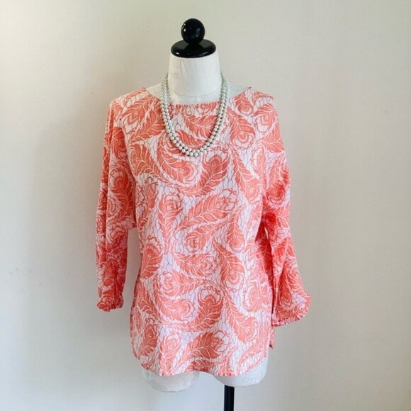 LOFT Coral & White Acanthus Pattern Blouse Cotton Lightweight Roomy Size M - Picture 5 of 10